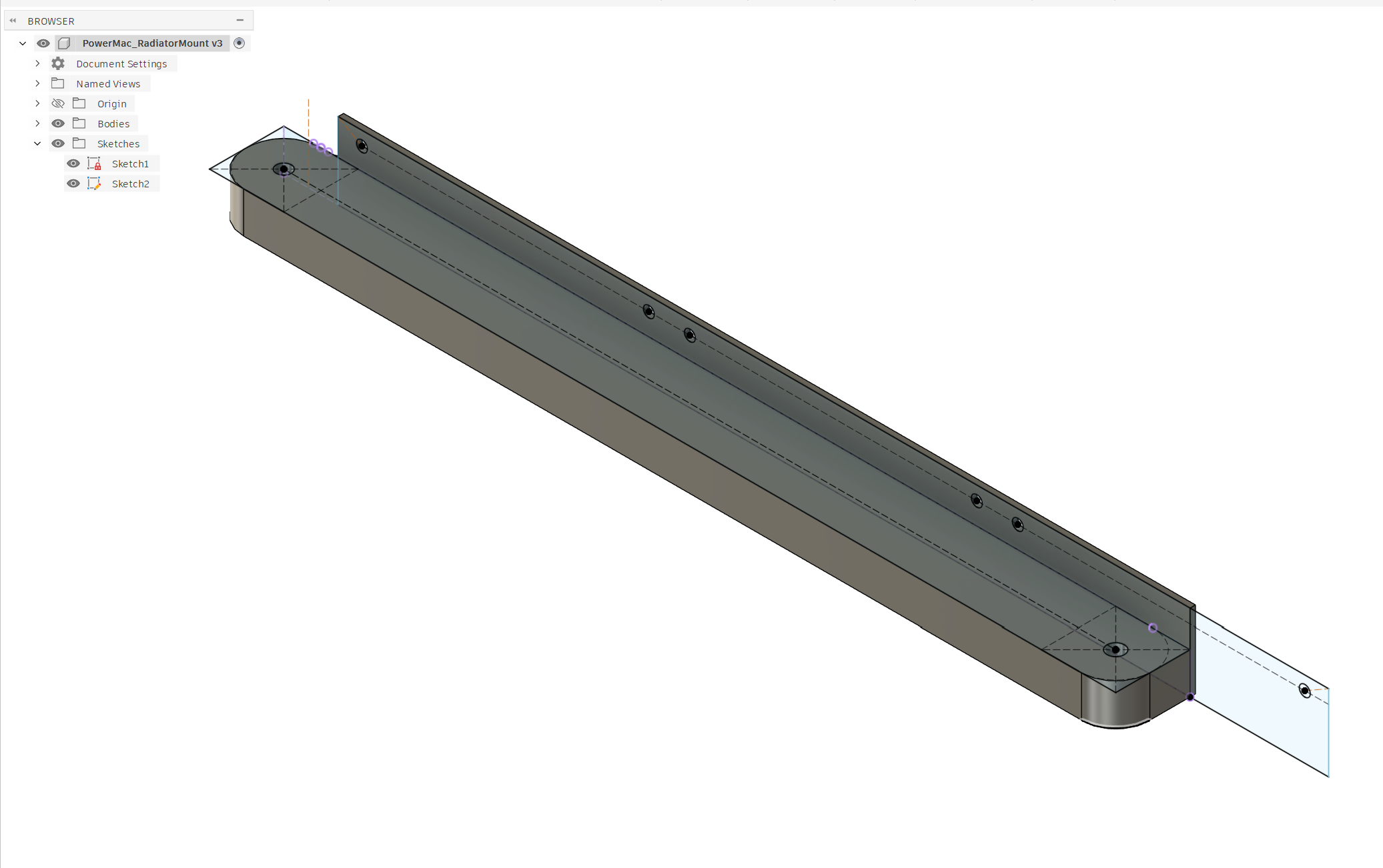Screenshot of design in CAD software.  It is a long bar with two holes and a tall lip coming up the side with additional holes.